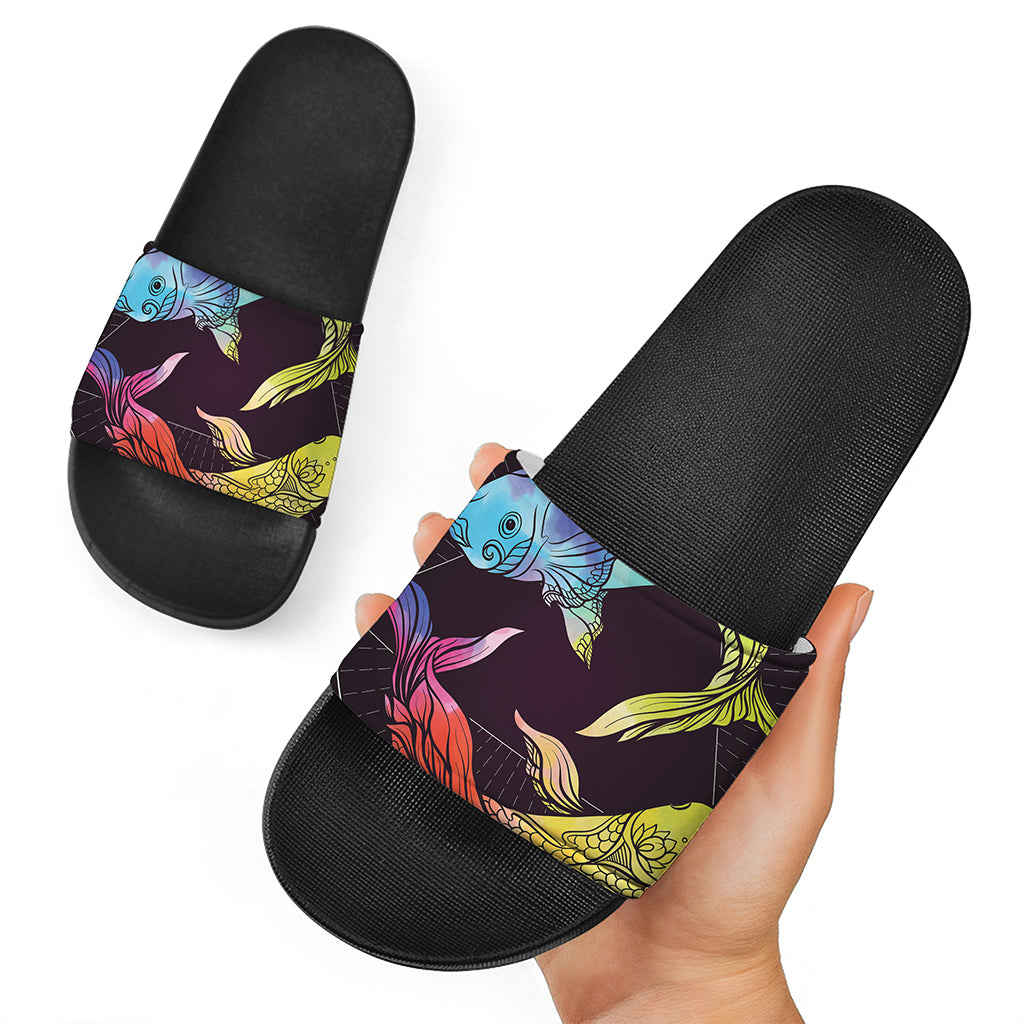 Colorful Pisces Sign Print Black Slide Sandals