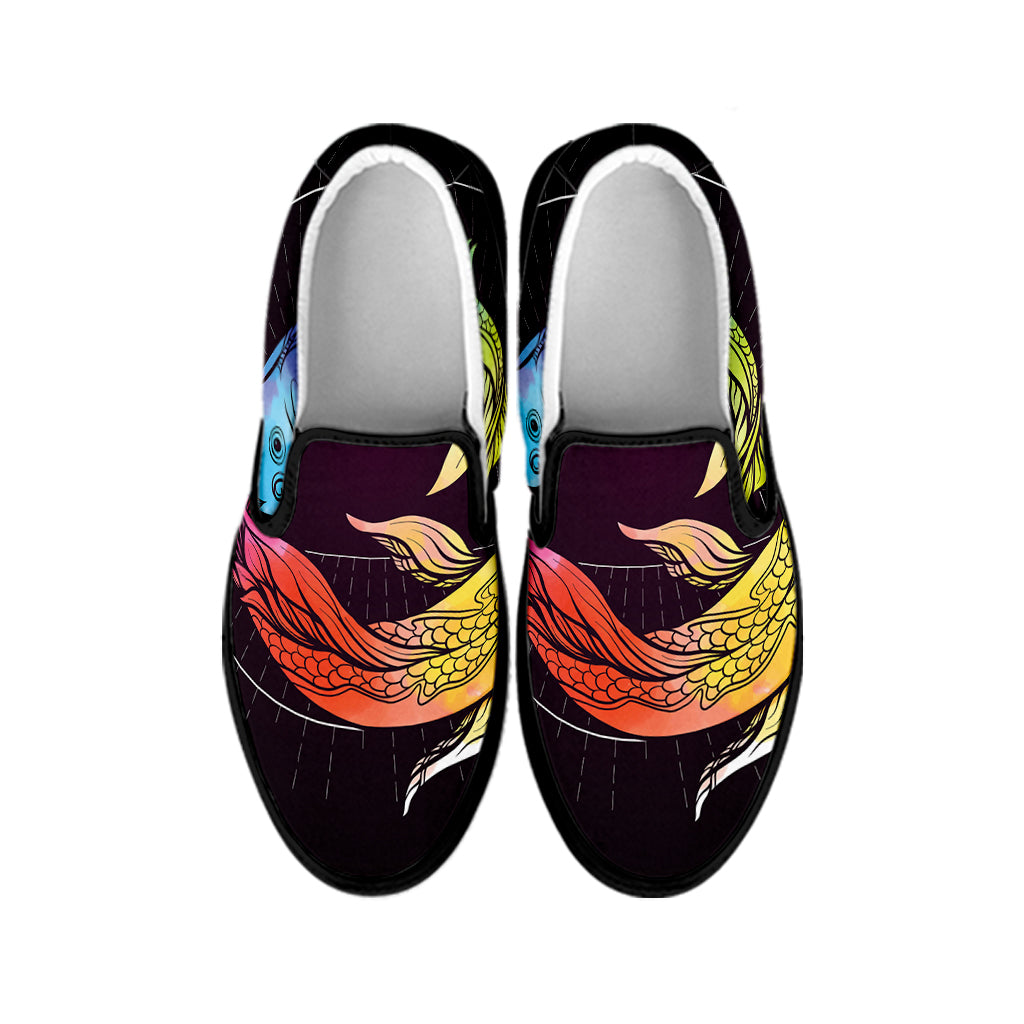 Colorful Pisces Sign Print Black Slip On Shoes
