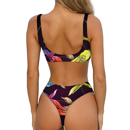 Colorful Pisces Sign Print Front Bow Tie Bikini