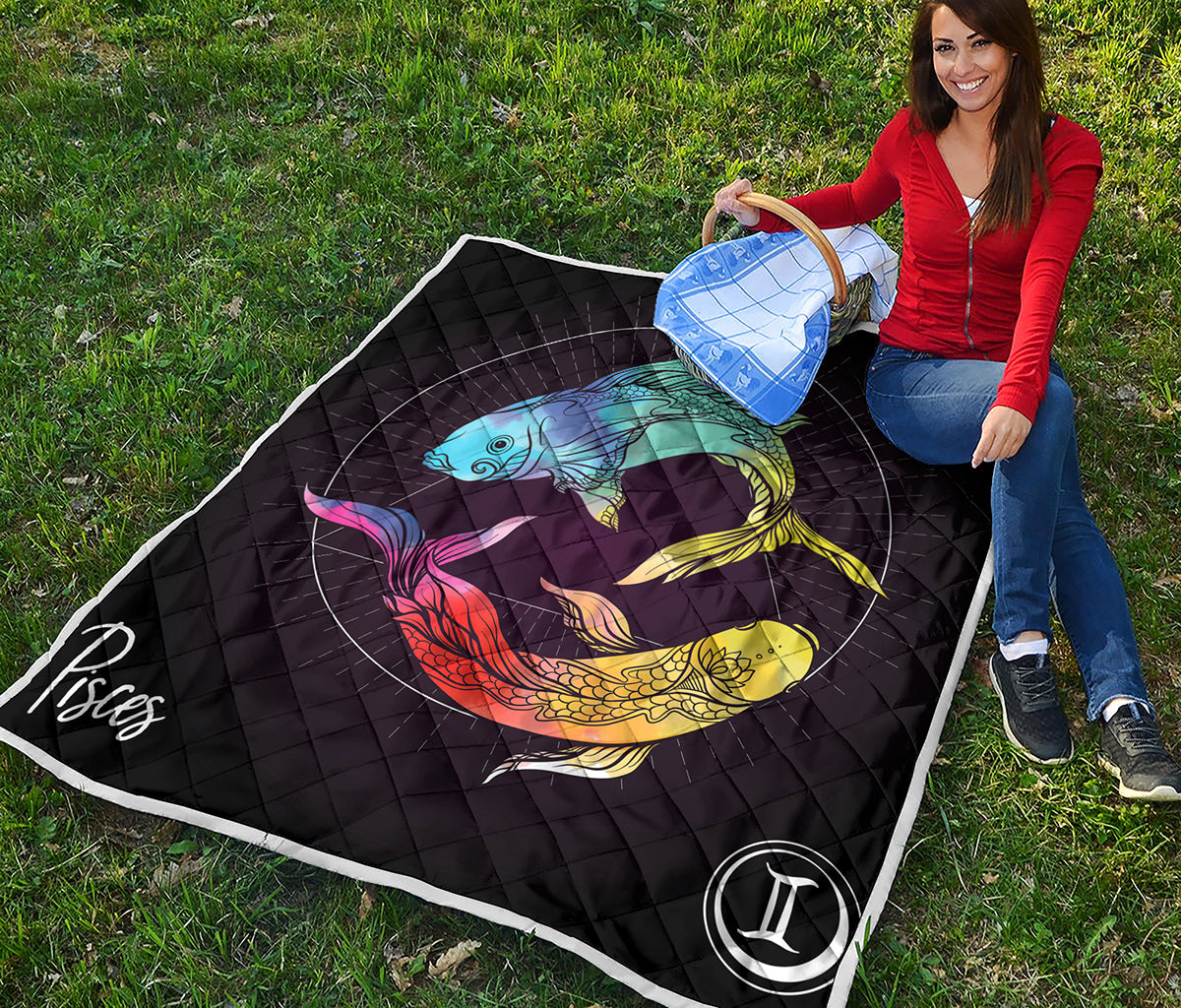Colorful Pisces Sign Print Quilt