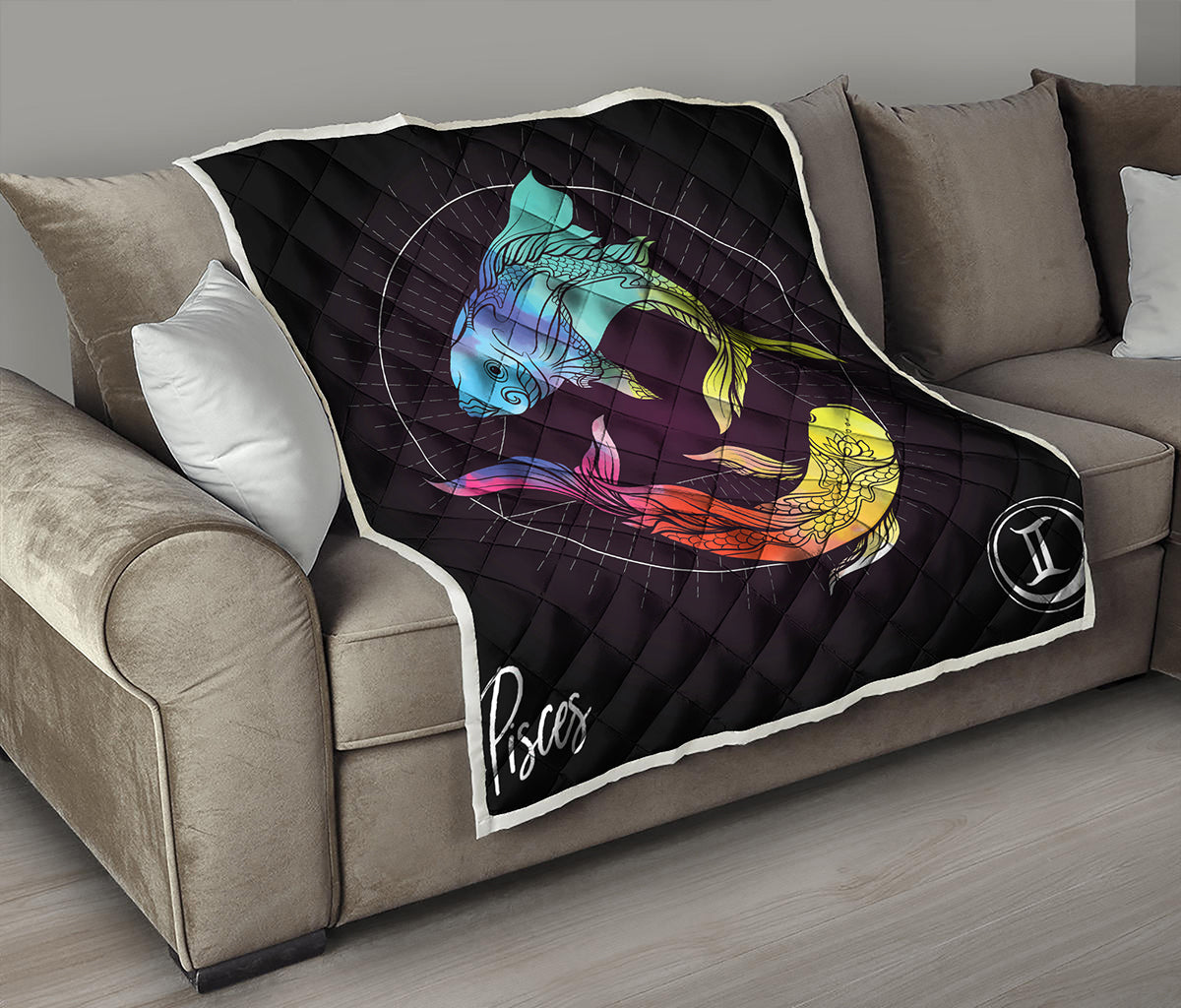 Colorful Pisces Sign Print Quilt
