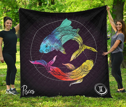 Colorful Pisces Sign Print Quilt