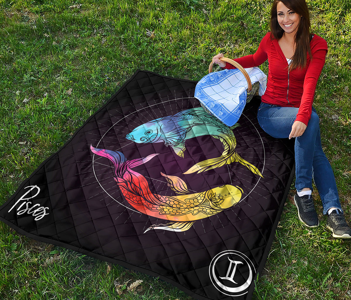 Colorful Pisces Sign Print Quilt