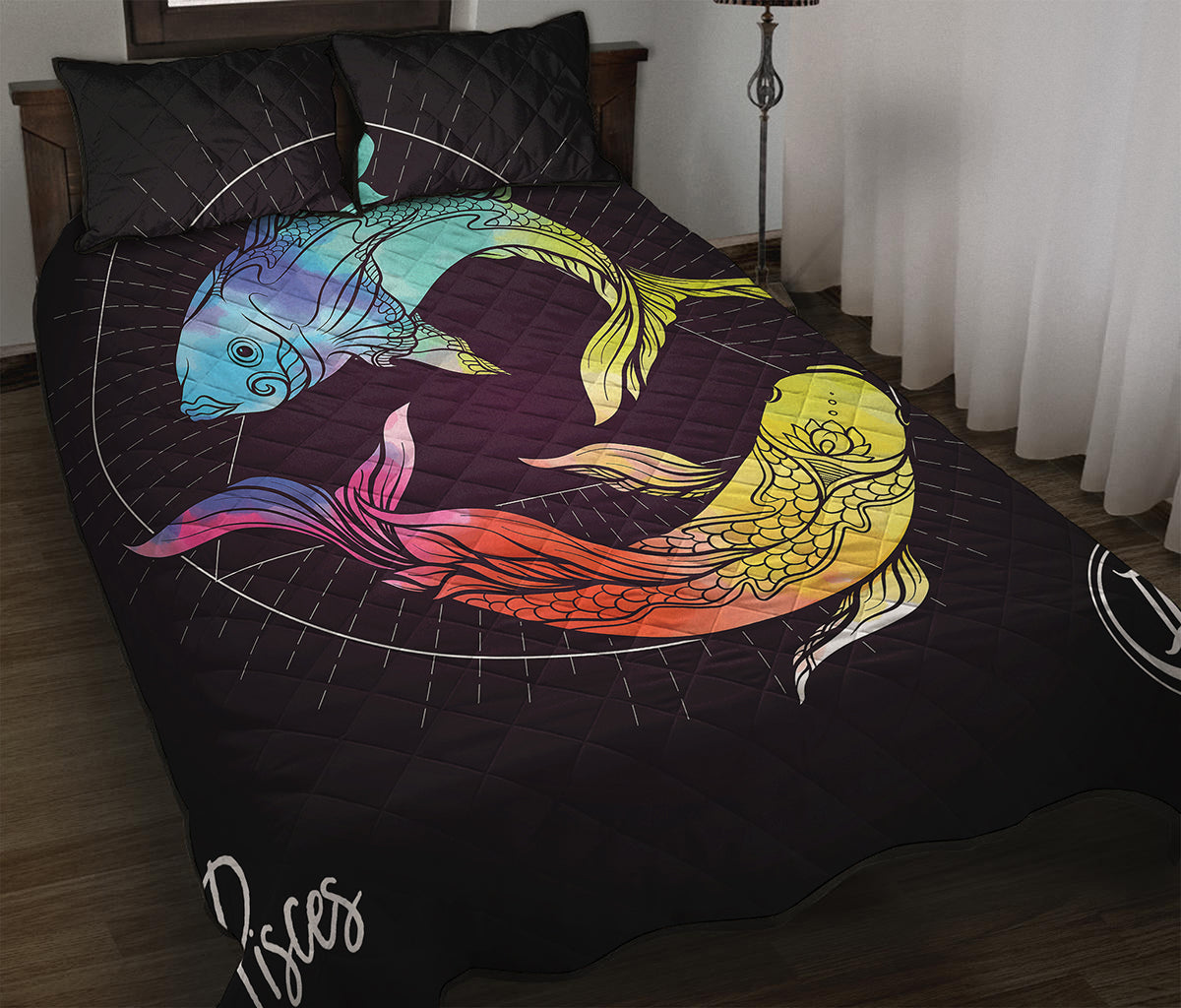 Colorful Pisces Sign Print Quilt Bed Set