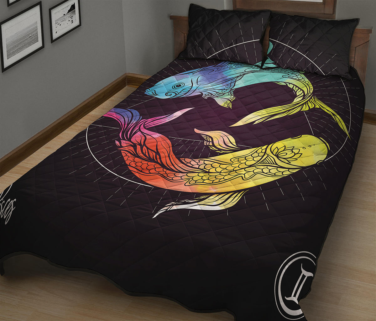 Colorful Pisces Sign Print Quilt Bed Set