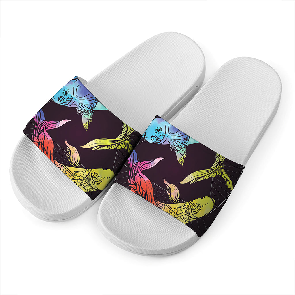 Colorful Pisces Sign Print White Slide Sandals