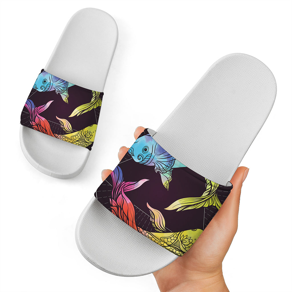 Colorful Pisces Sign Print White Slide Sandals
