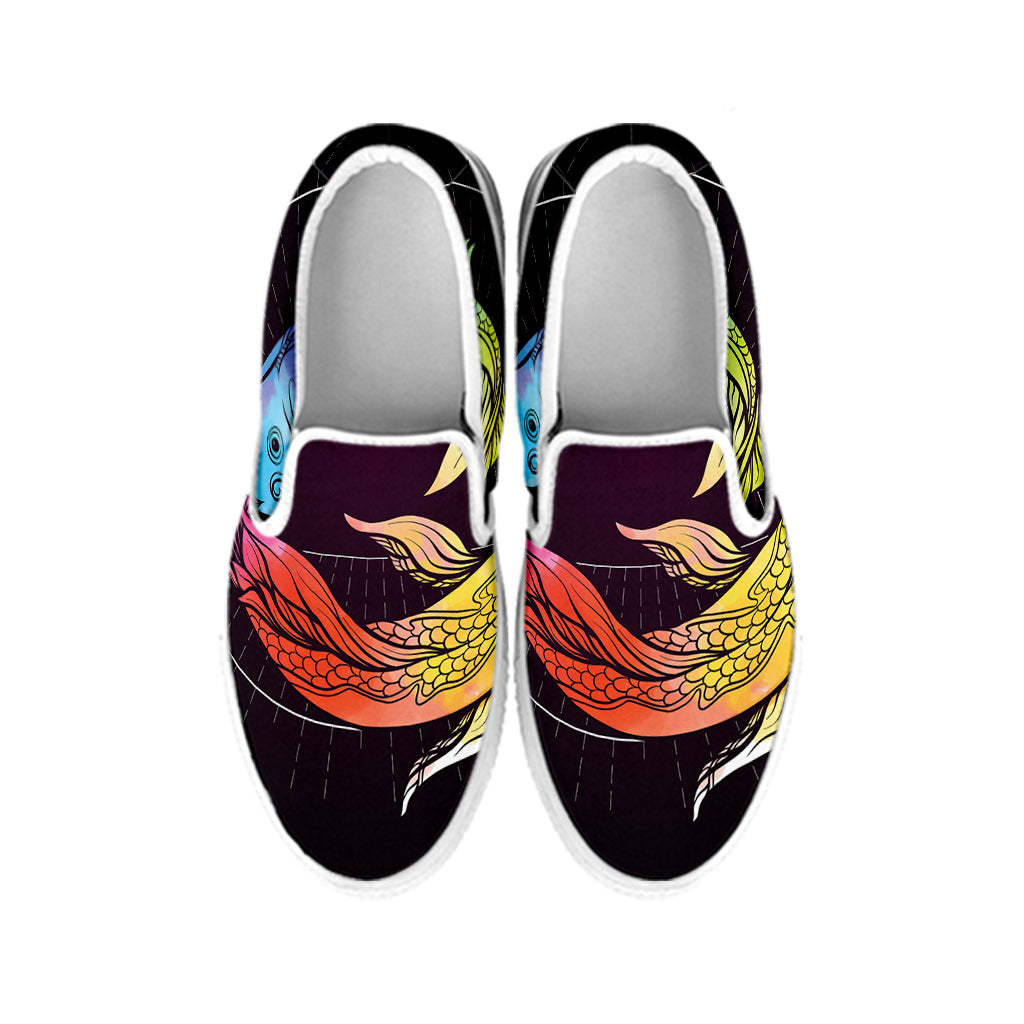 Colorful Pisces Sign Print White Slip On Shoes