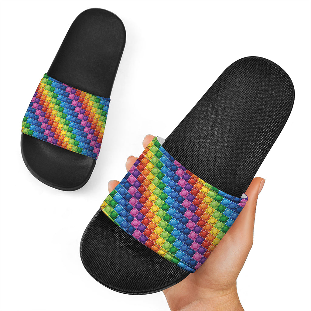 Colorful Plastic Building Blocks Print Black Slide Sandals
