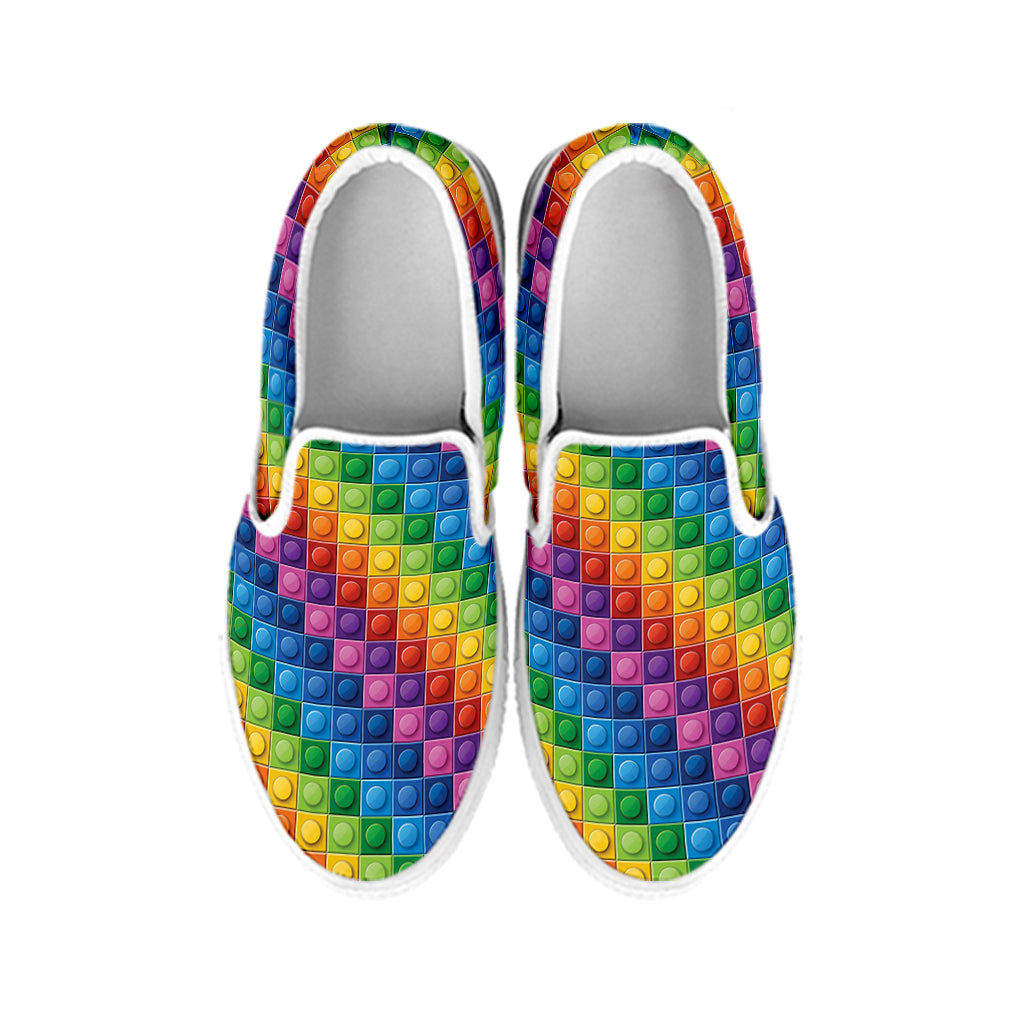 Colorful Plastic Building Blocks Print White Slip On Shoes