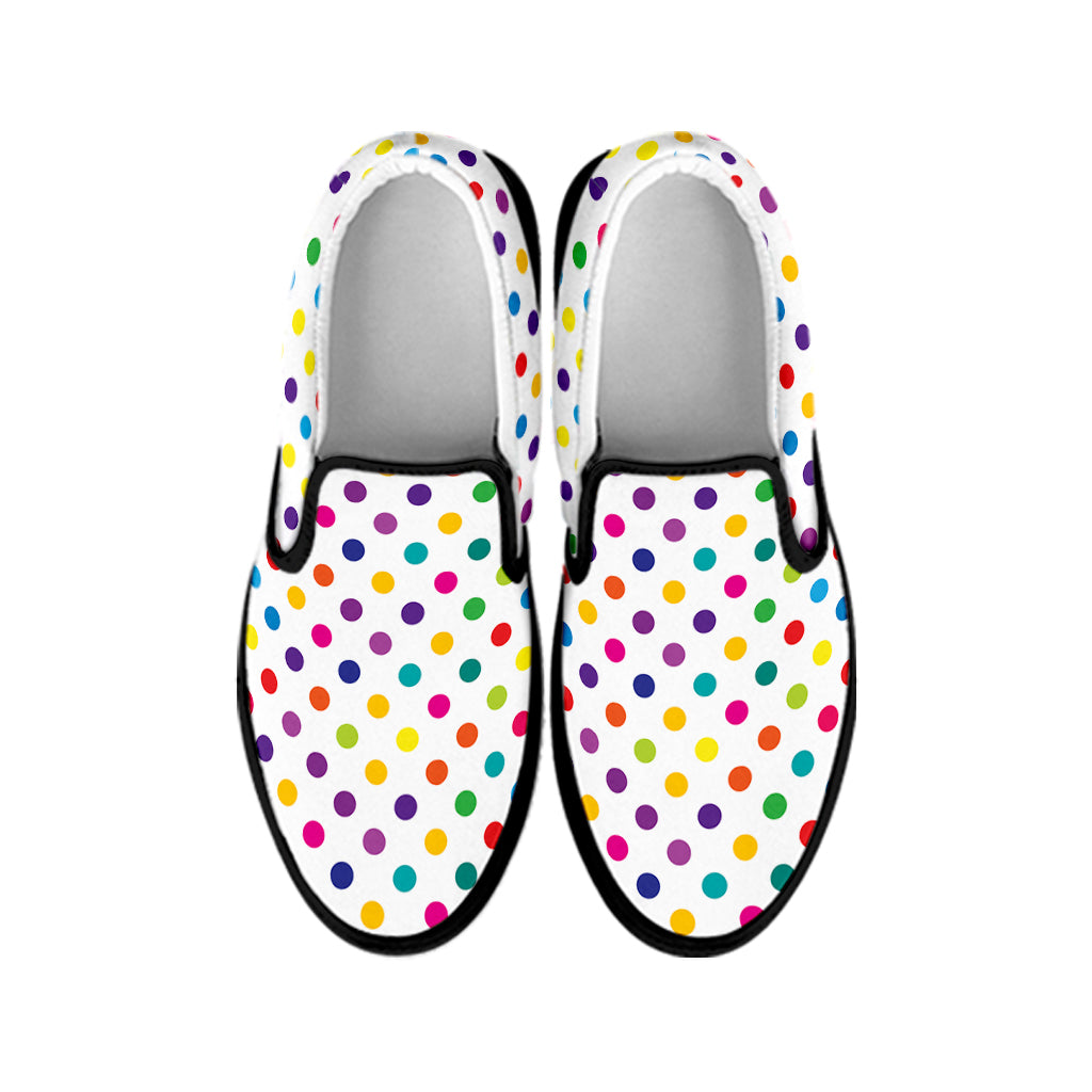 Colorful Polka Dot Pattern Print Black Slip On Shoes