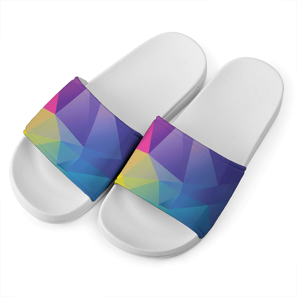 Colorful Polygonal Geometric Print White Slide Sandals