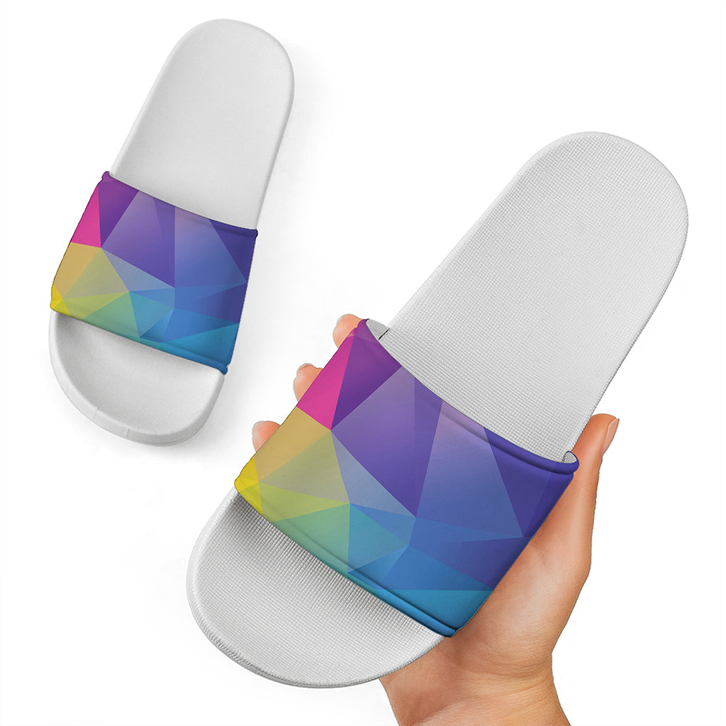 Colorful Polygonal Geometric Print White Slide Sandals