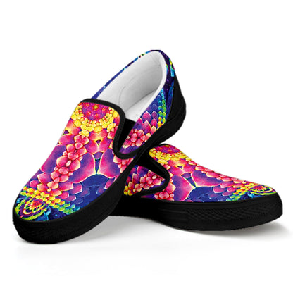 Colorful Psychedelic Kaleidoscope Print Black Slip On Shoes