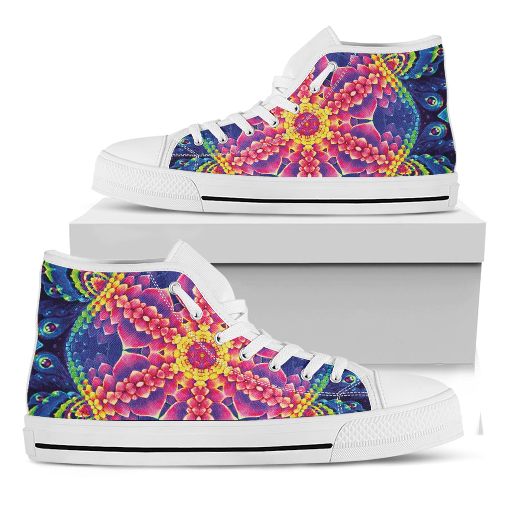 Colorful Psychedelic Kaleidoscope Print White High Top Shoes