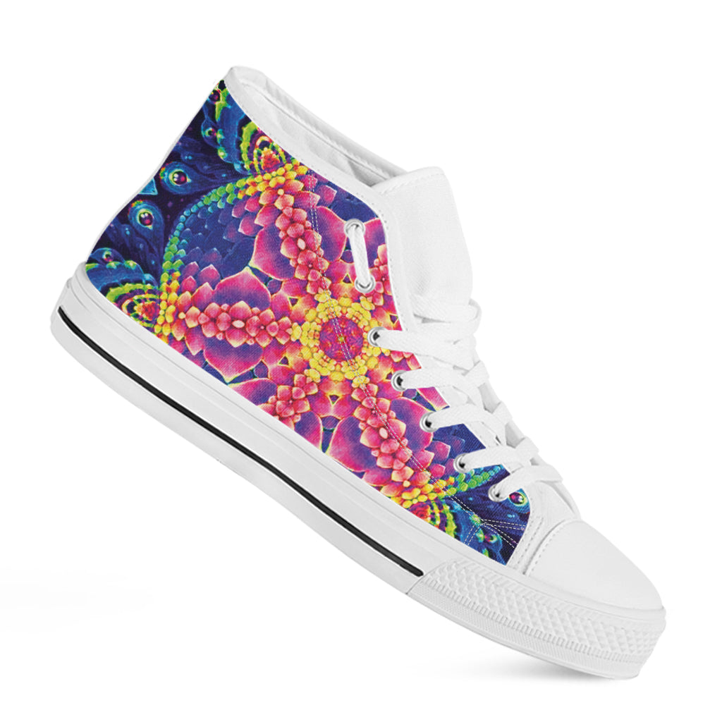 Colorful Psychedelic Kaleidoscope Print White High Top Shoes