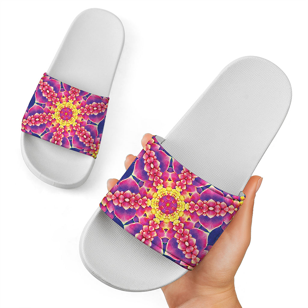 Colorful Psychedelic Kaleidoscope Print White Slide Sandals
