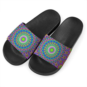 Colorful Psychedelic Optical Illusion Black Slide Sandals