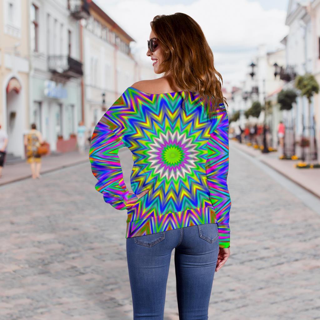 Colorful Psychedelic Optical Illusion Off Shoulder Sweatshirt GearFrost
