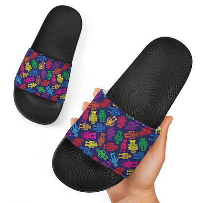 Colorful Robot Pattern Print Black Slide Sandals
