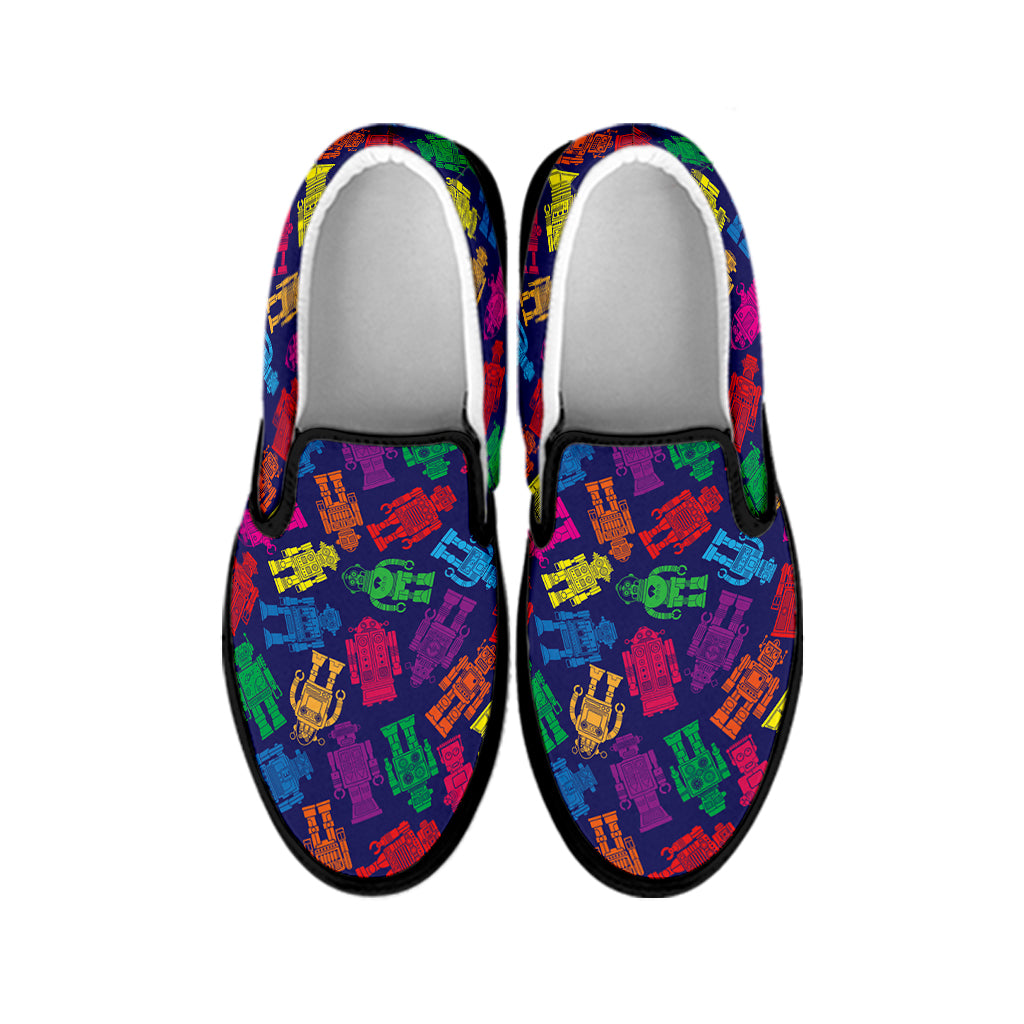 Colorful Robot Pattern Print Black Slip On Shoes