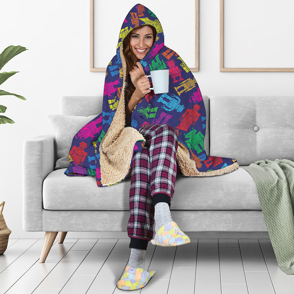 Colorful Robot Pattern Print Hooded Blanket