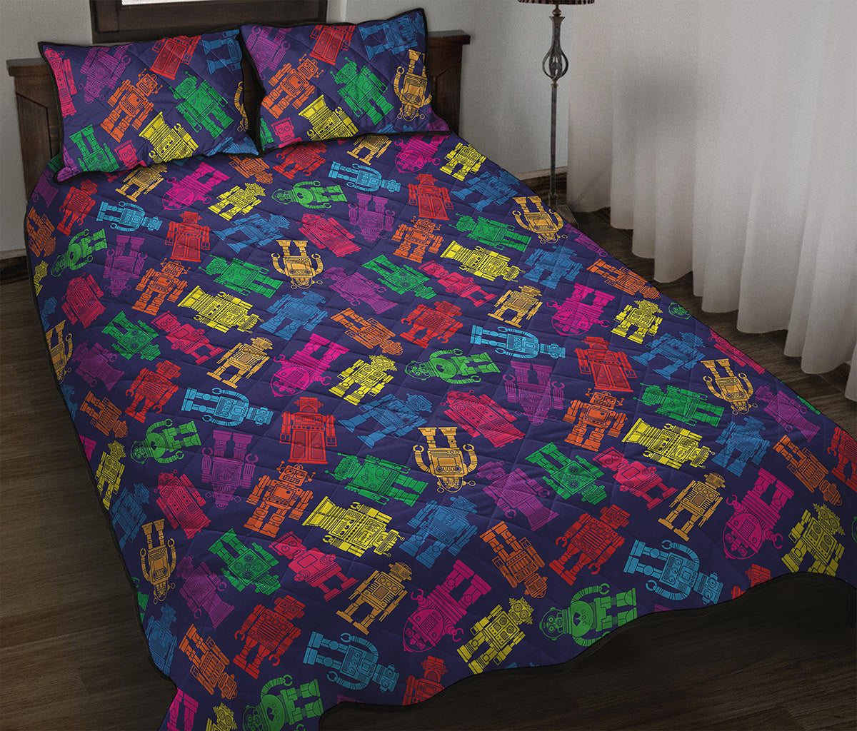 Colorful Robot Pattern Print Quilt Bed Set