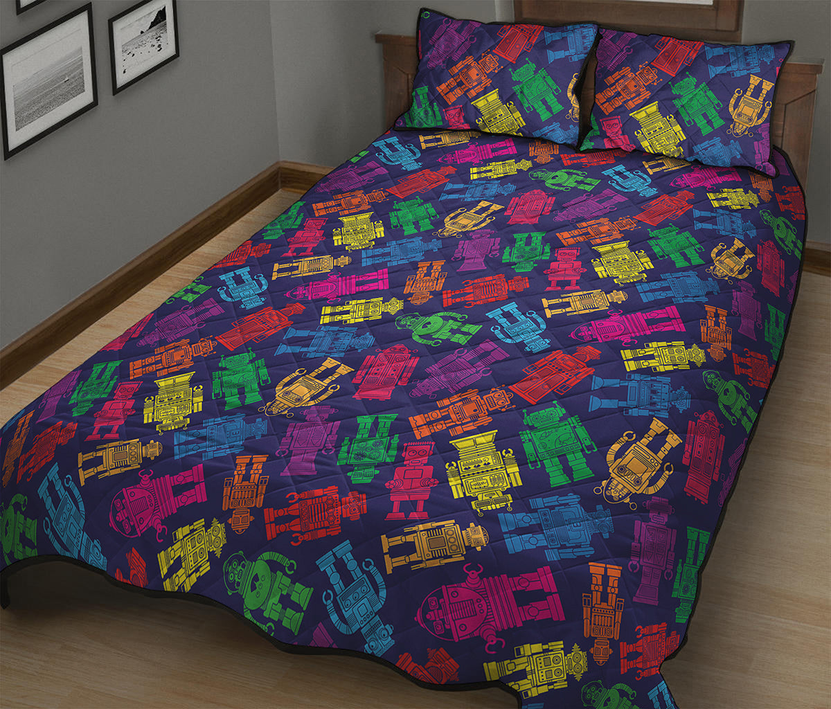 Colorful Robot Pattern Print Quilt Bed Set
