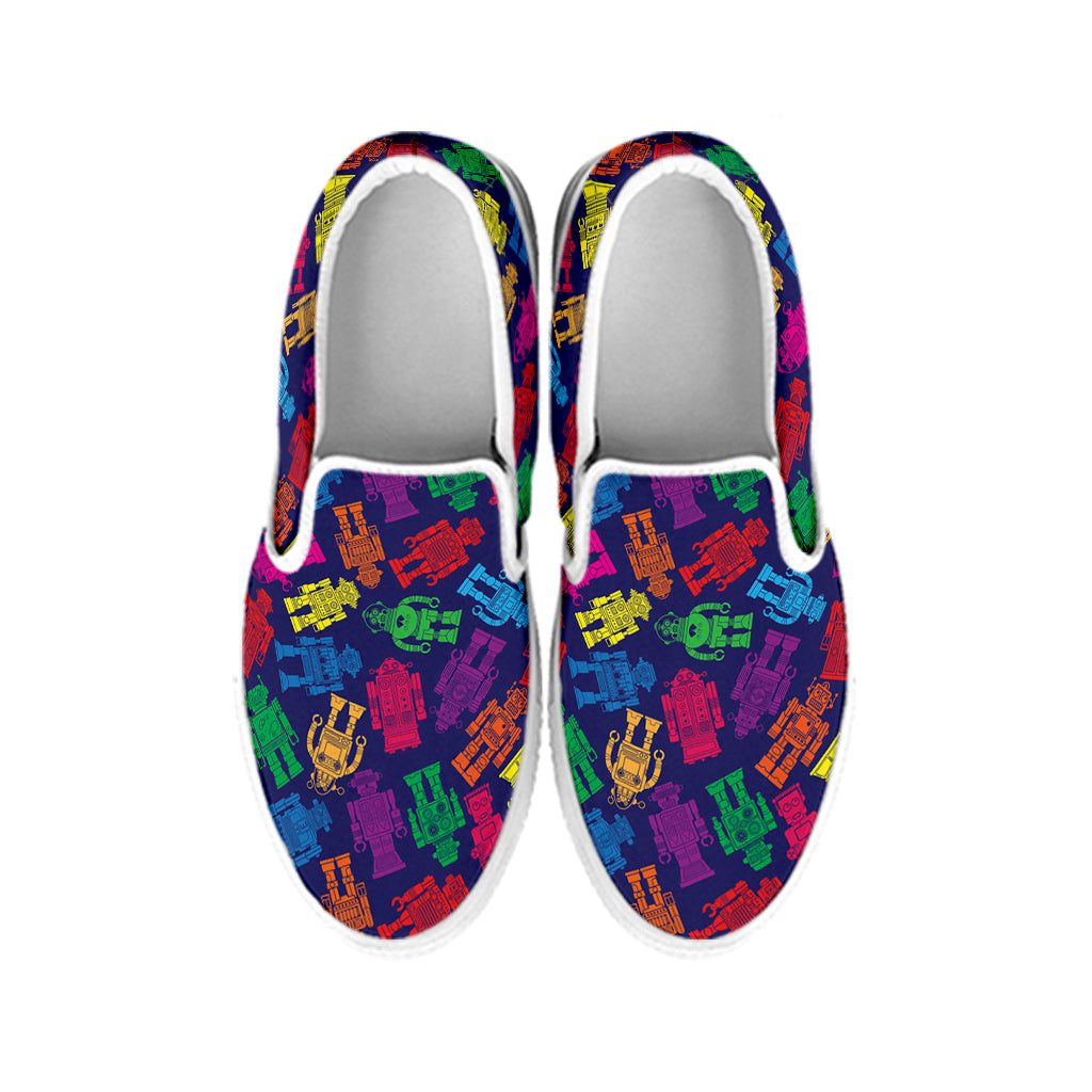 Colorful Robot Pattern Print White Slip On Shoes