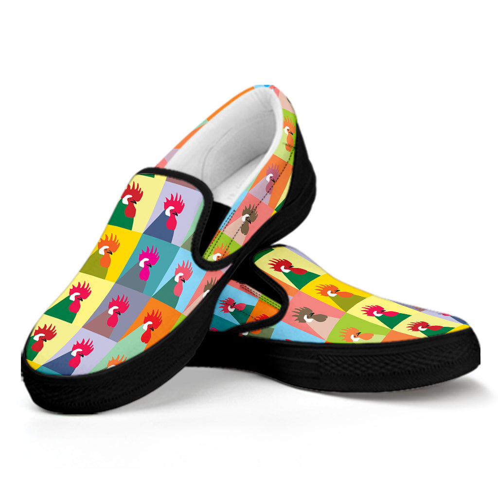 Colorful Rooster Pattern Print Black Slip On Shoes