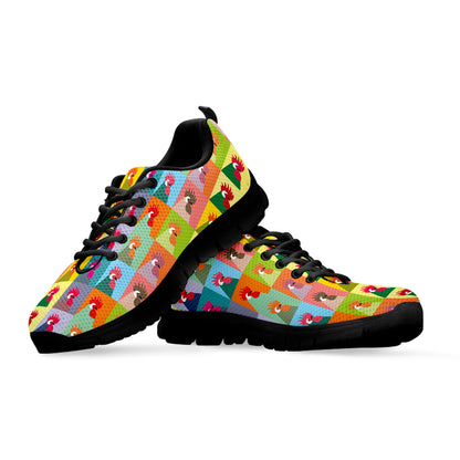 Colorful Rooster Pattern Print Black Sneakers