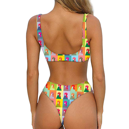 Colorful Rooster Pattern Print Front Bow Tie Bikini