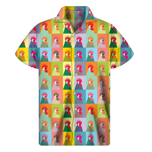 Colorful Rooster Pattern Print Men's Short Sleeve Shirt