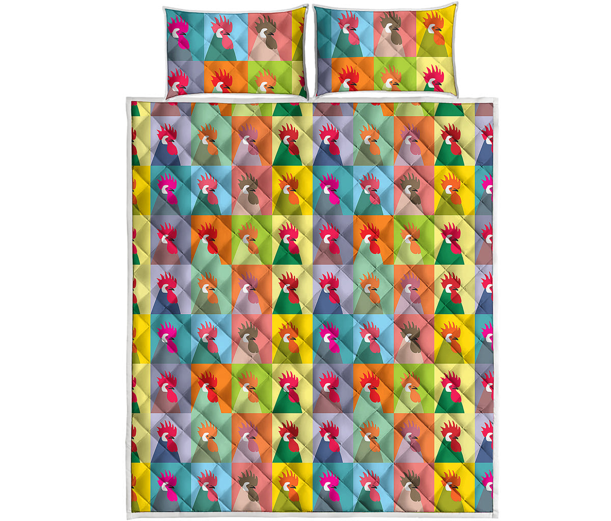 Colorful Rooster Pattern Print Quilt Bed Set