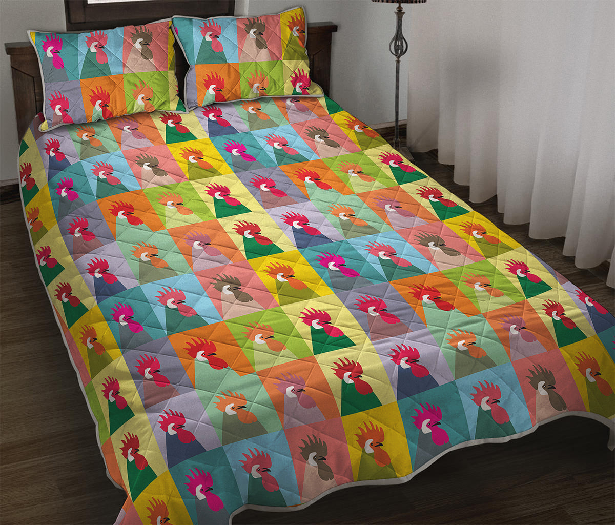 Colorful Rooster Pattern Print Quilt Bed Set