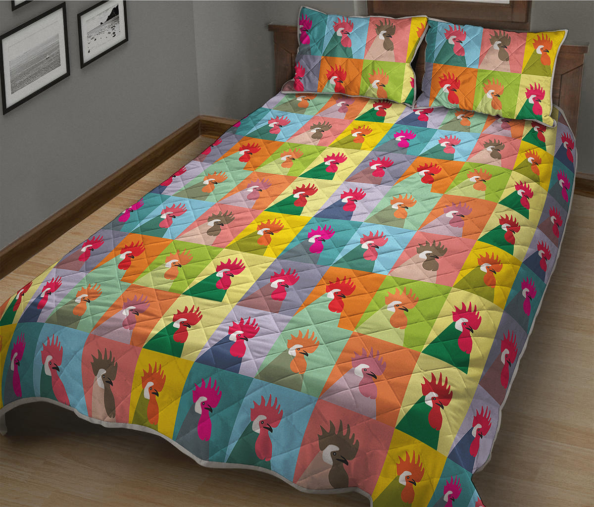 Colorful Rooster Pattern Print Quilt Bed Set
