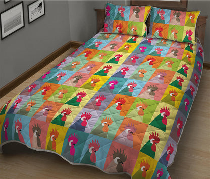 Colorful Rooster Pattern Print Quilt Bed Set