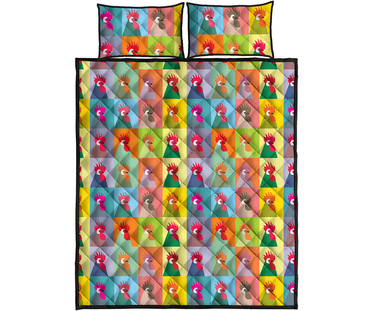 Colorful Rooster Pattern Print Quilt Bed Set