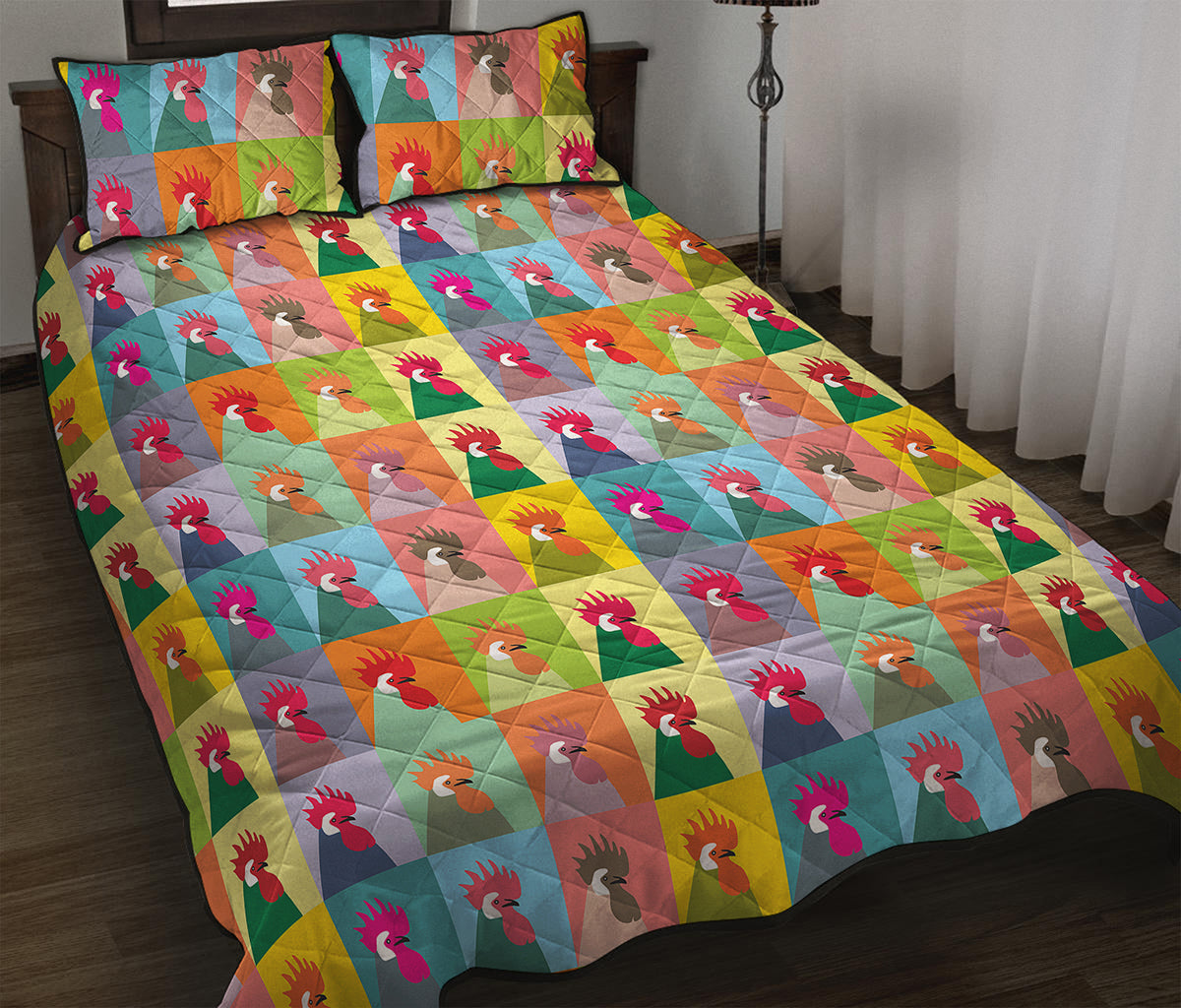 Colorful Rooster Pattern Print Quilt Bed Set