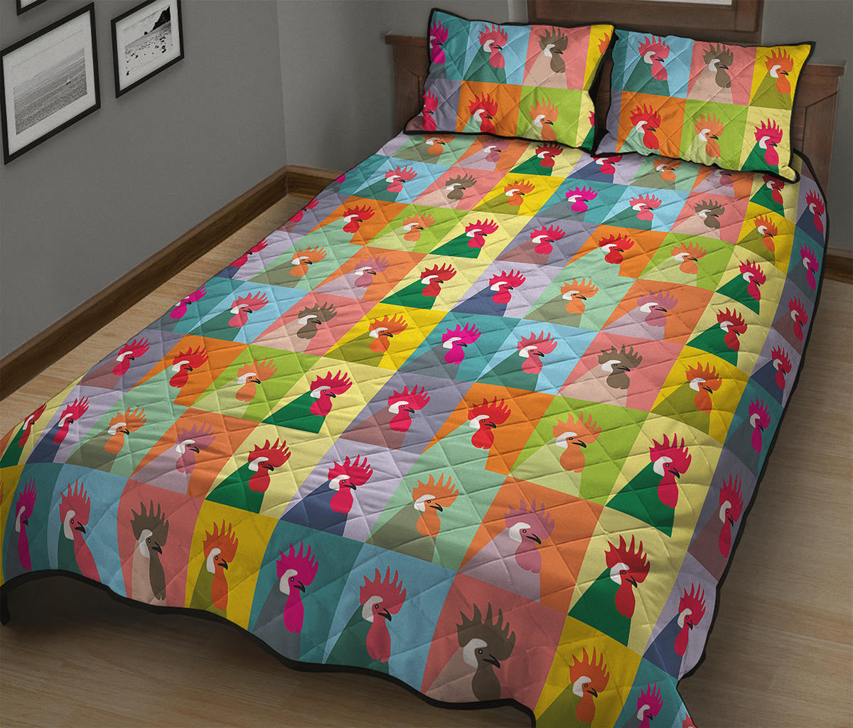 Colorful Rooster Pattern Print Quilt Bed Set