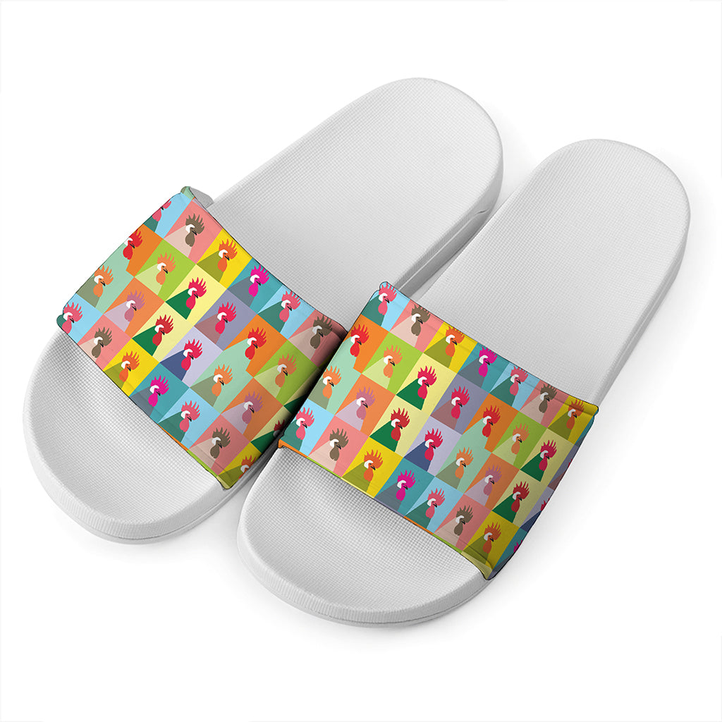 Colorful Rooster Pattern Print White Slide Sandals