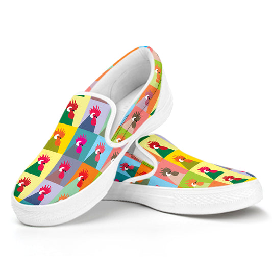 Colorful Rooster Pattern Print White Slip On Shoes