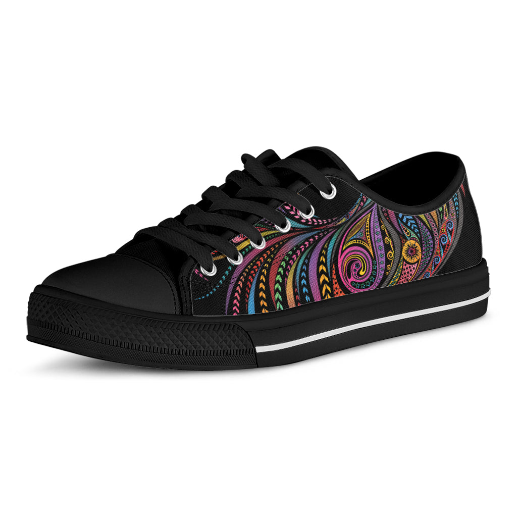 Colorful Rooster Print Black Low Top Shoes 