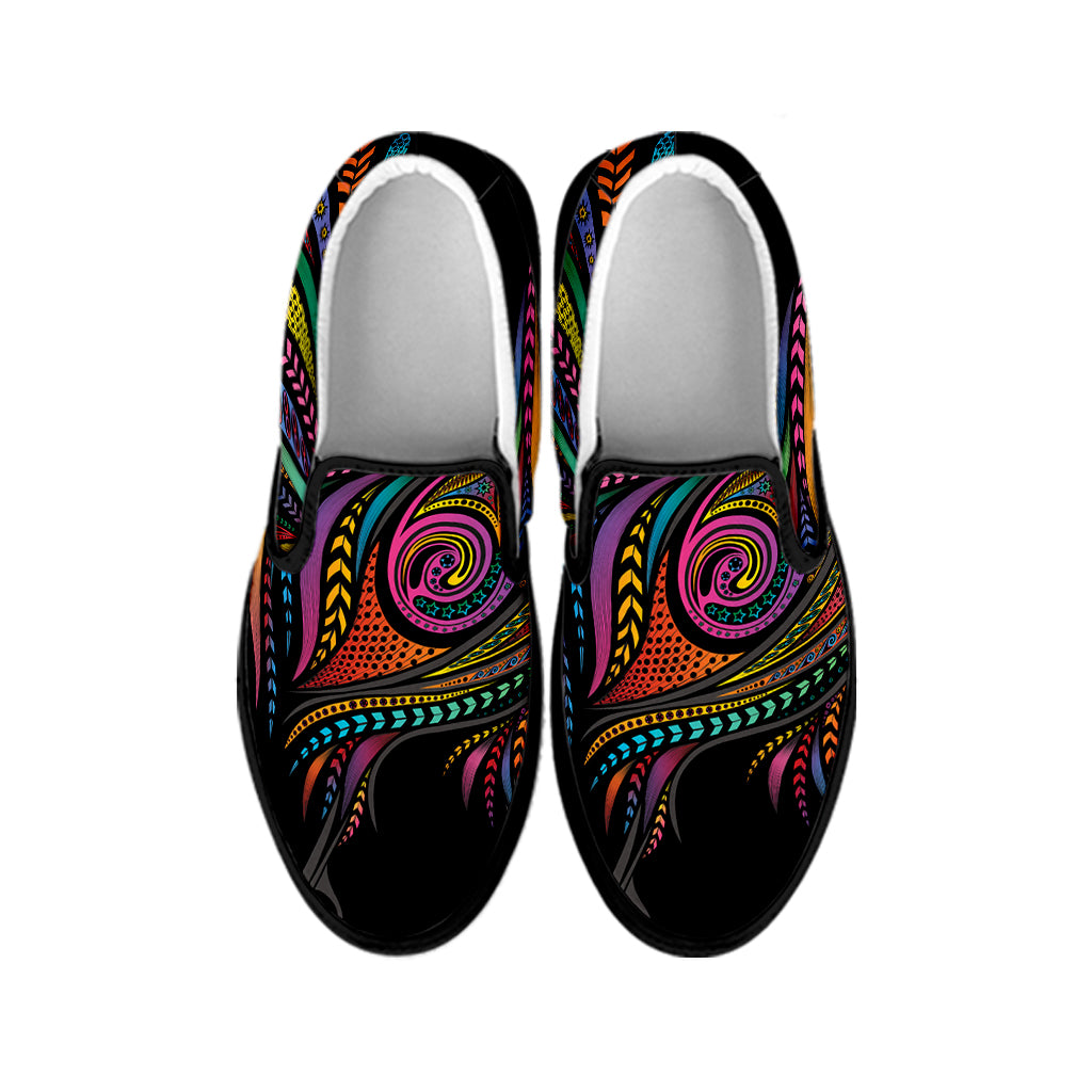 Colorful Rooster Print Black Slip On Shoes
