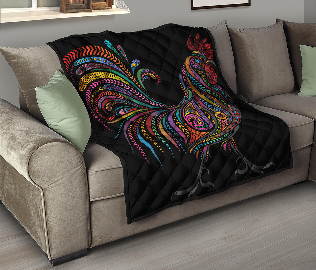Colorful Rooster Print Quilt