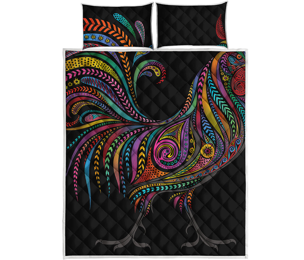 Colorful Rooster Print Quilt Bed Set