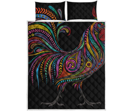 Colorful Rooster Print Quilt Bed Set