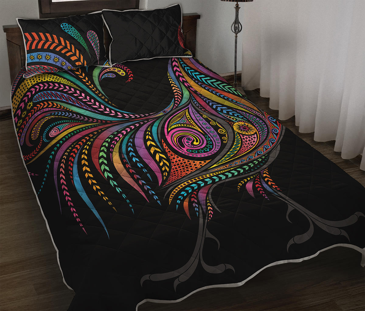 Colorful Rooster Print Quilt Bed Set