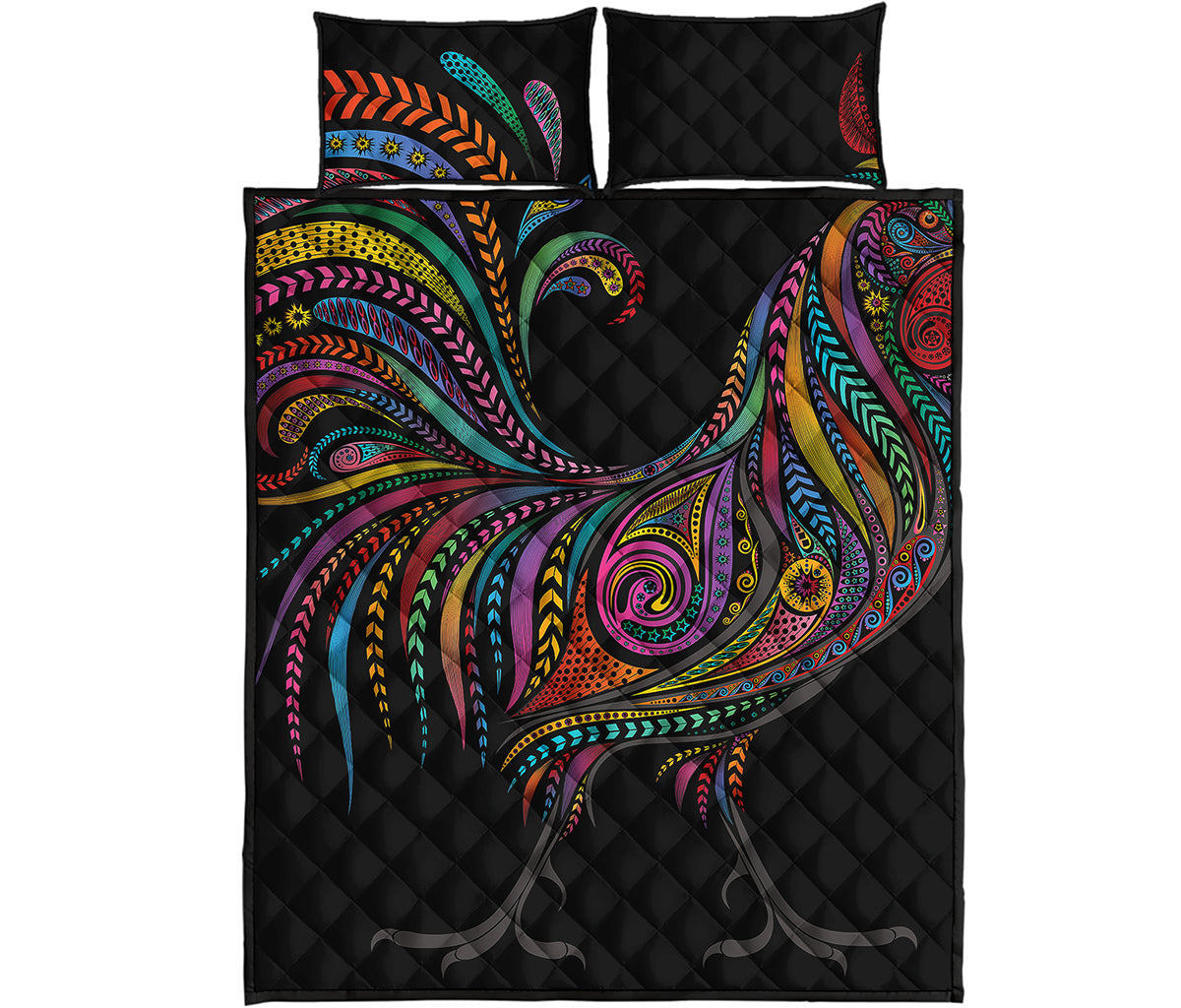 Colorful Rooster Print Quilt Bed Set