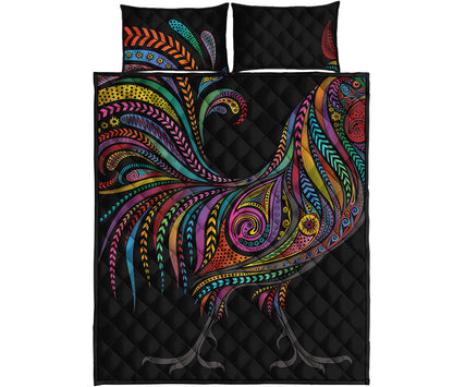 Colorful Rooster Print Quilt Bed Set